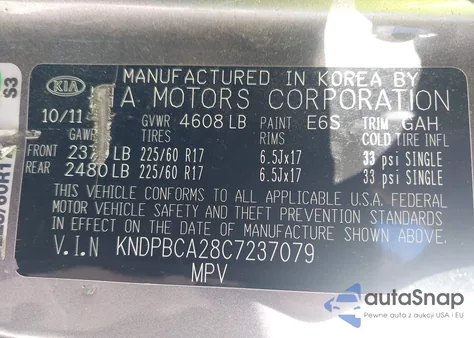 2012 Kia Sportage Lx z USA, uszkodzony, nr VIN KNDPBCA28C7237079